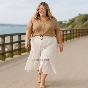 CeCe Wide Leg Cropped Belted Pants Soft Ecru Off White Lightweight Size 20W